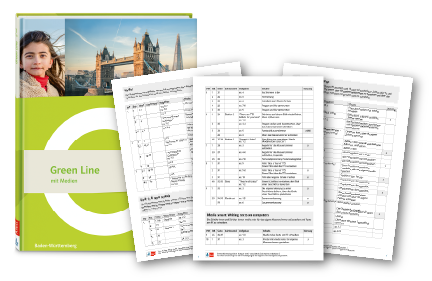 Schulbuch Green Line G9 Baden-Württemberg und Abbildung von drei Seiten Stoffverteilungsplan