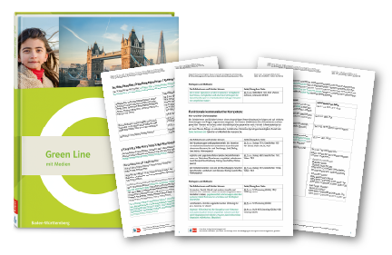 Schulbuch Green Line G9 Baden-Württemberg und Abbildung von drei Synopsen-Seiten Schulbuch Green Line G9 Baden-Württemberg und Abbildung von drei Synopsen-Seiten