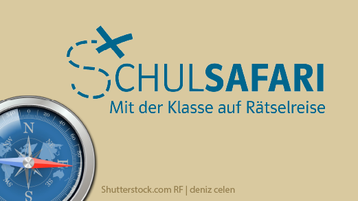 Kompass und Illustration einer gestrichelten Linie mit einem Kreuz. Text Schulsafari Mit der Klasse auf Rätselreise Kompass und Illustration einer gestrichelten Linie mit einem Kreuz. Text Schulsafari Mit der Klasse auf Rätselreise