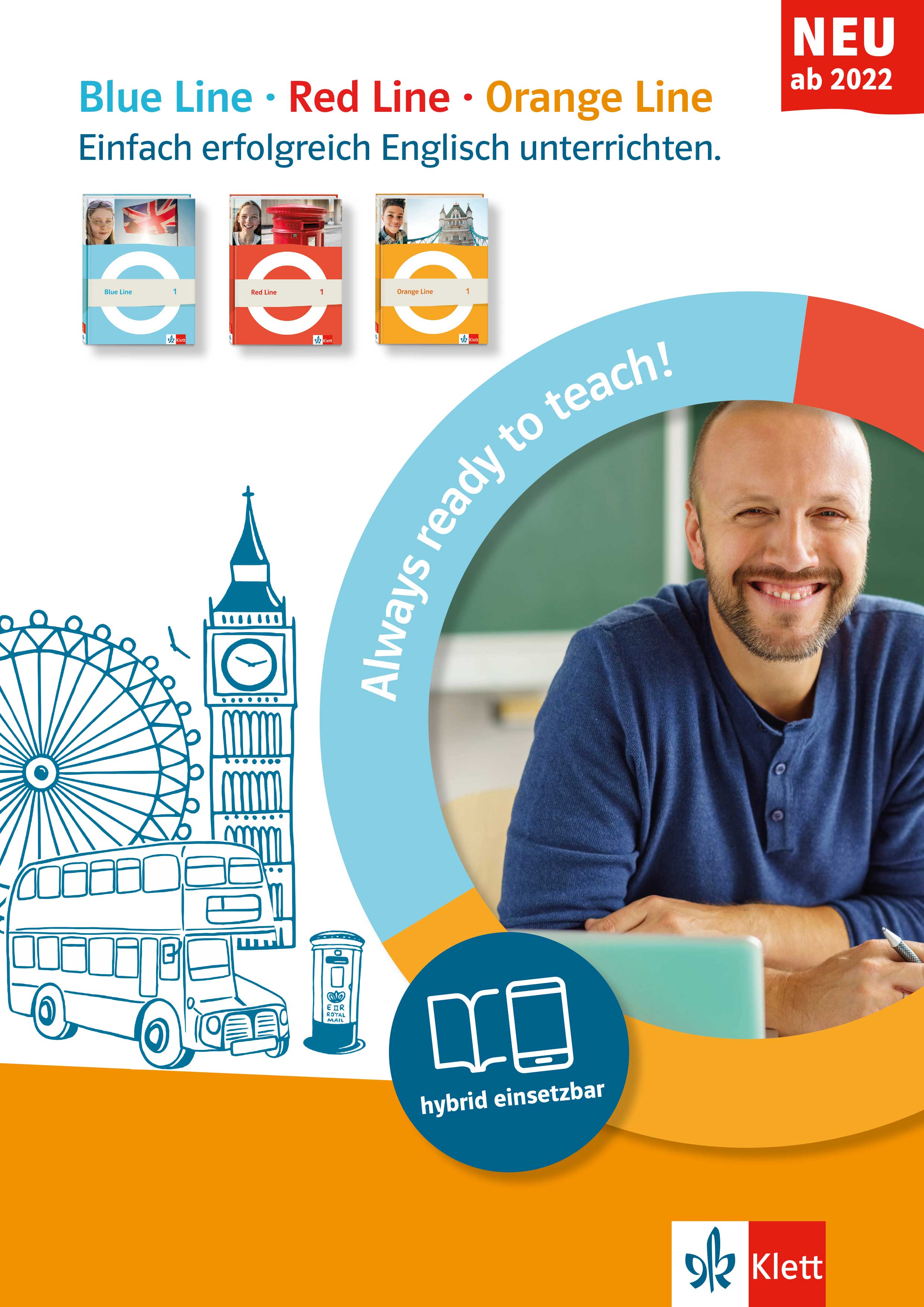 Illustration mit dem Text „Blue Line. Red Line. Orange Line“ „Einfach erfolgreich Englisch unterrichten“
