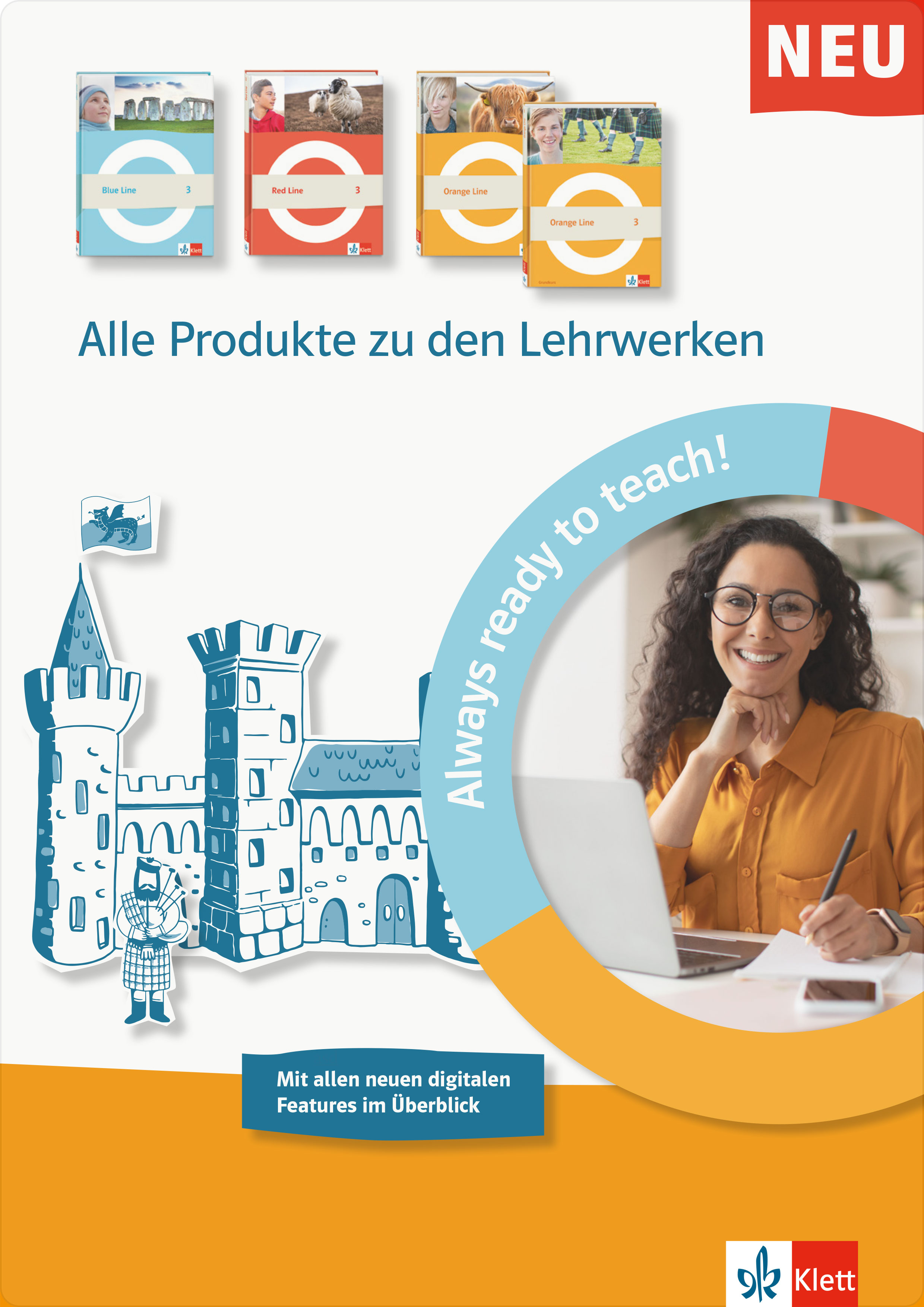 Illustration mit dem Text „Alle Produkte zu den Lehrwerken“ „NEU“