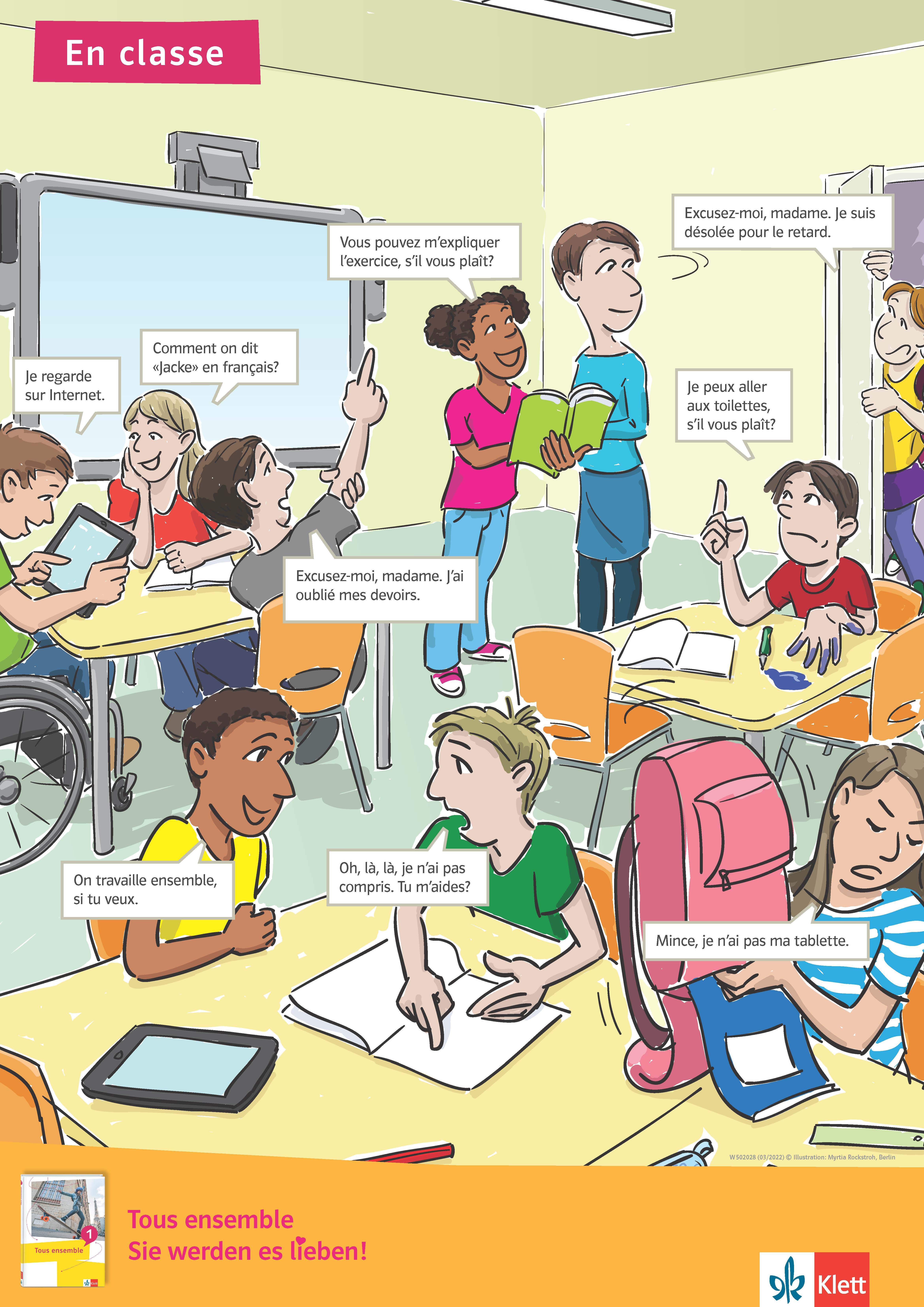 Vorschaubild eines Posters zu „En Classe“ mit einer Illustration einer Schulklasse mit Sprechblasen