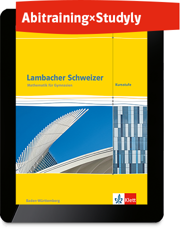 Tablet mit Produktabbildung „Lambacher Schweizer“ mit Infotext „Abitraining×Studyly“