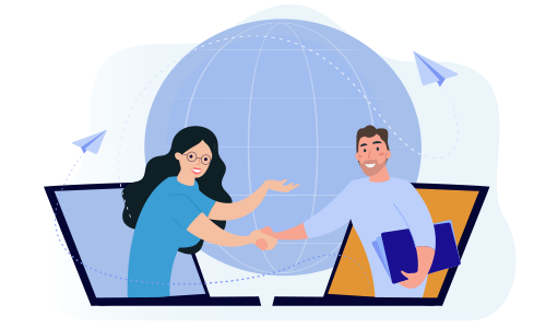 Illustration von zwei Menschen, die sich aus Laptops heraus, vor einem Globus mit Flugzeugen, die Hand geben