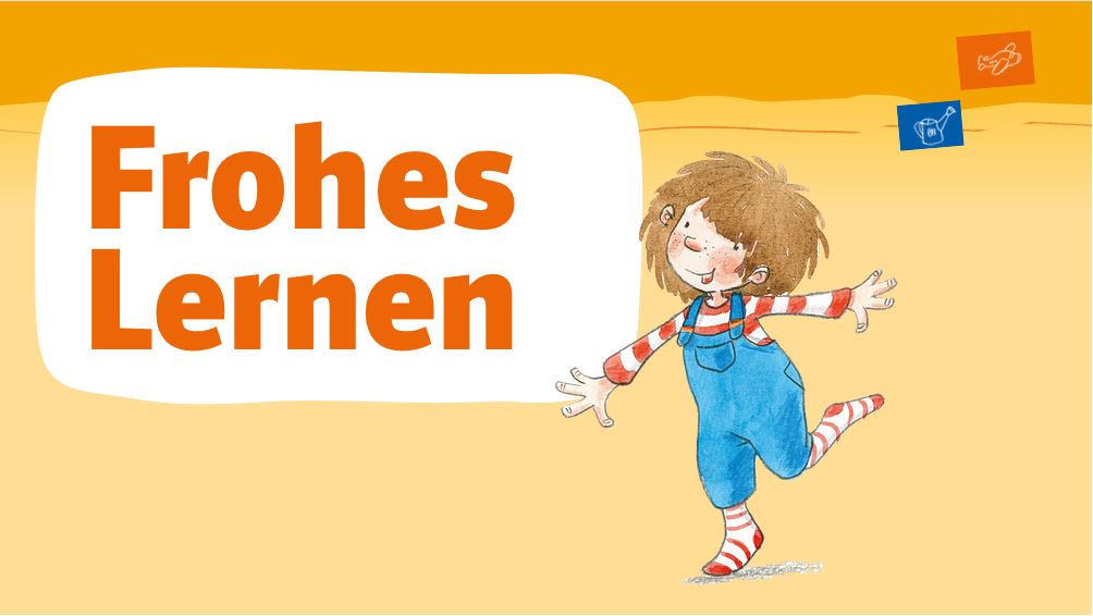 Illustration des Mädchens „Mimi“ mit dem Text „Frohes Lernen“
