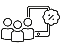 Illustration von drei Anwendenden, einem Tablet, einem Pluszeichen und einem Buch