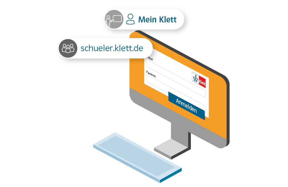 Illustration eines Computers mit Loginbereich und dem Text „Mein Klett“ und „schueler.klett.de“