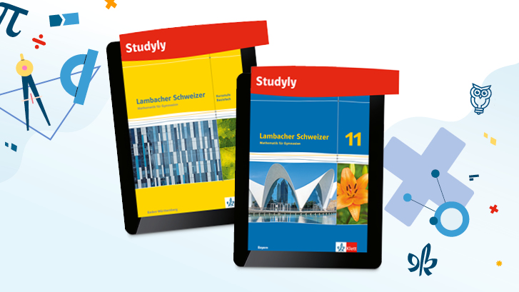 Zwei Tablets, die die Produkte „Lambacher Schweizer 10" und „Lambacher Schweizer 11“ mit Infotext „Studyly“ zeigen