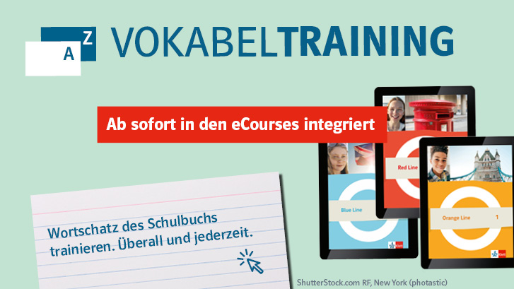 Illustration mit dem Text „NEU: Testen und Fördern” „Vokabeltraining Ab sofort in den eCourse integriert”
