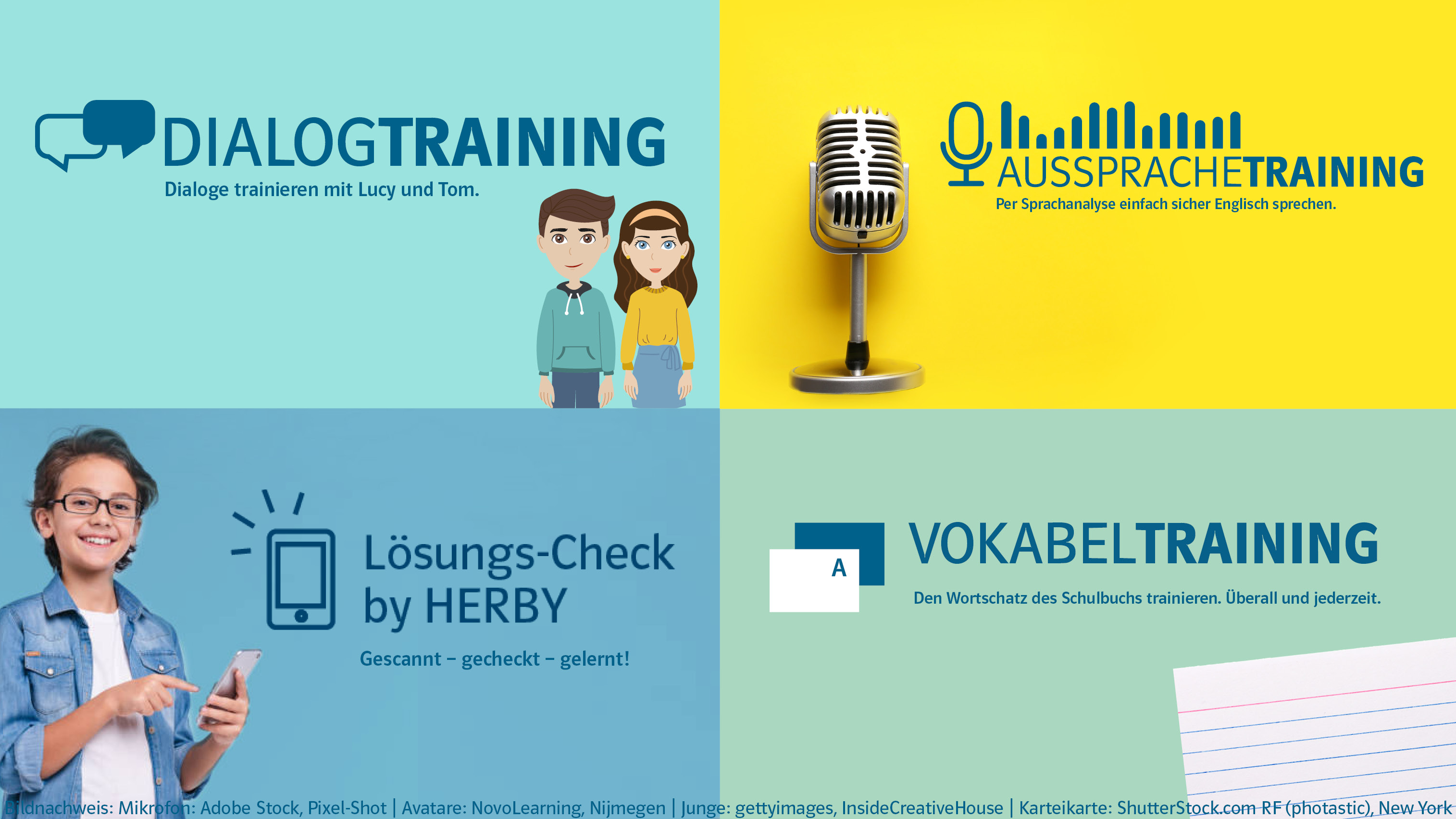 Vier Sprachtrainingsmethoden: “DIALOGTRAINING”, „AUSSPRACHETRAINING“, „Lösungs-Check by HERBY“, und „VOKABELTRAINING“