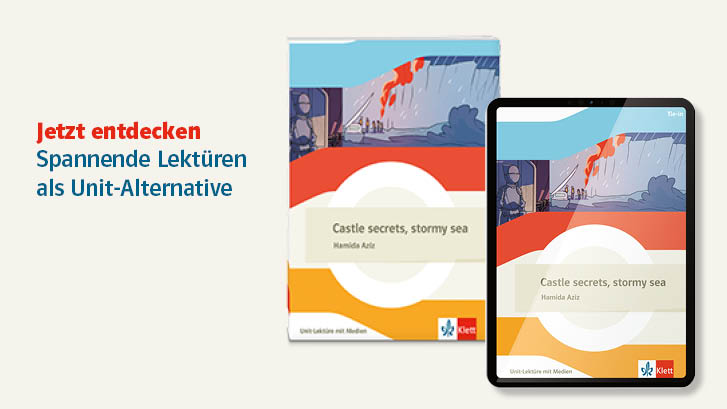 Buchcover und Tablet mit Produktabbildung und mit dem Text „Jetzt entdecken” „Spannende Lektüren als Unit-Alternativen”