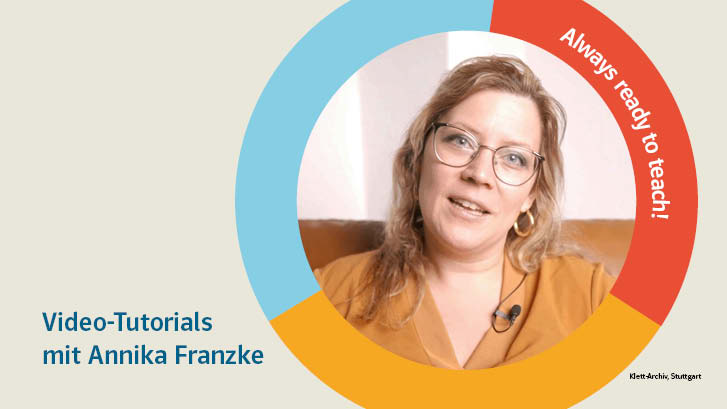 Illustration mit dem Text „Video-Tutorials mit Annika Franzke“ und eine Frau mit Brille in einem bunten Kreis