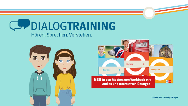 Illustration eines Jungen und eines Mädchens, Text „DIALOGTRAINING“ und Buchcovern „Blue Line“ „Red Line“ „Orange Line“