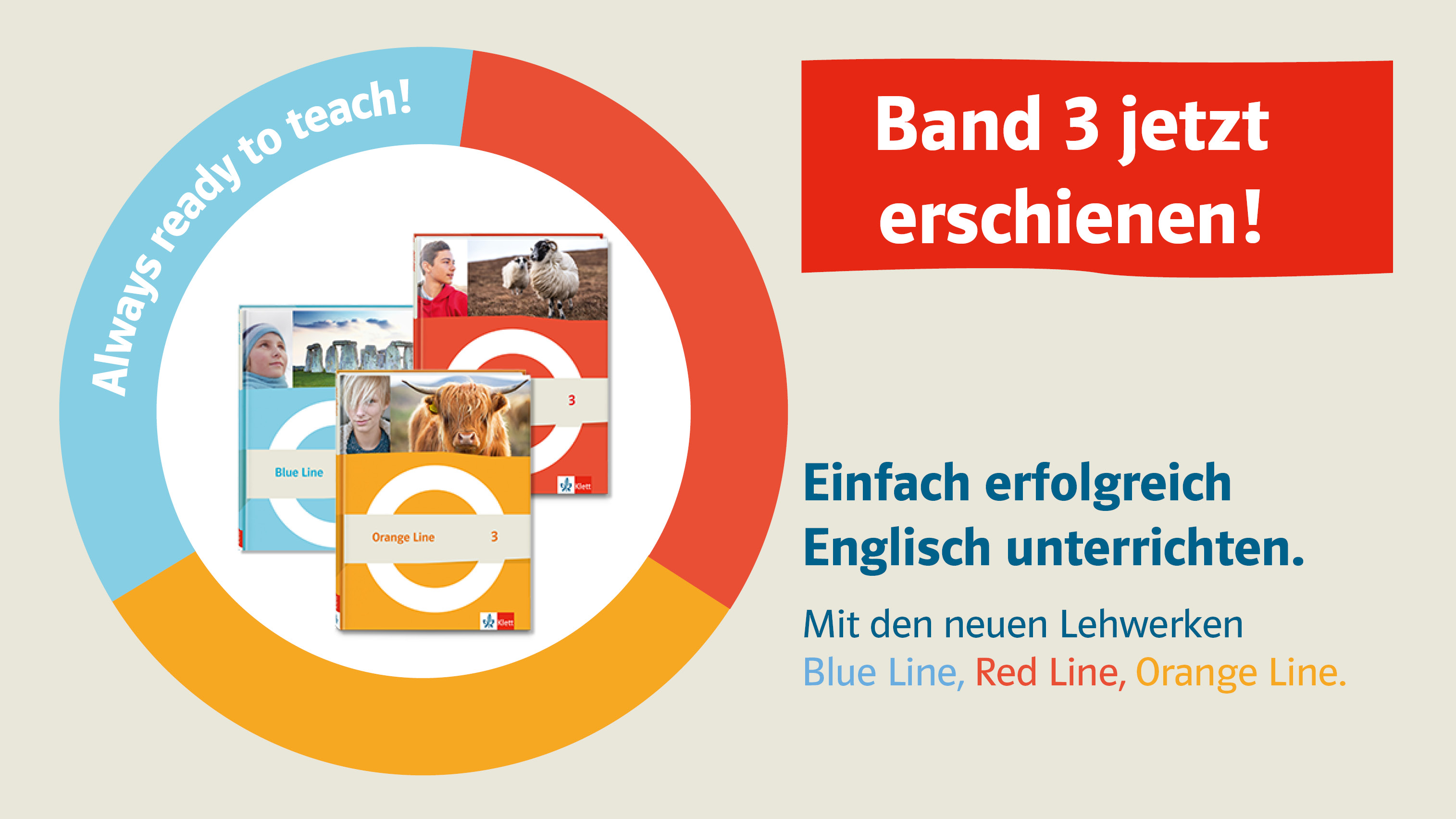 Illustration mit dem Titel „Einfach erfolgreich Englisch unterrichten.“ „Band 3 jetzt erschienen!“ und drei Buchcover