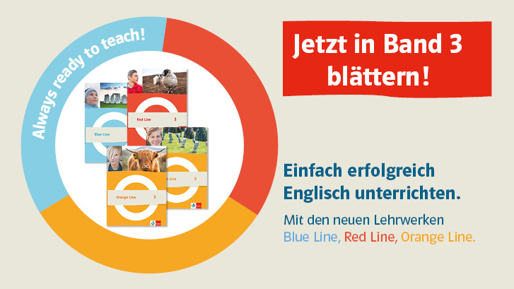 Illustration mit dem Titel „Einfach erfolgreich Englisch unterrichten.“ „Jetzt in Band 3 blättern!“ und vier Buchcover