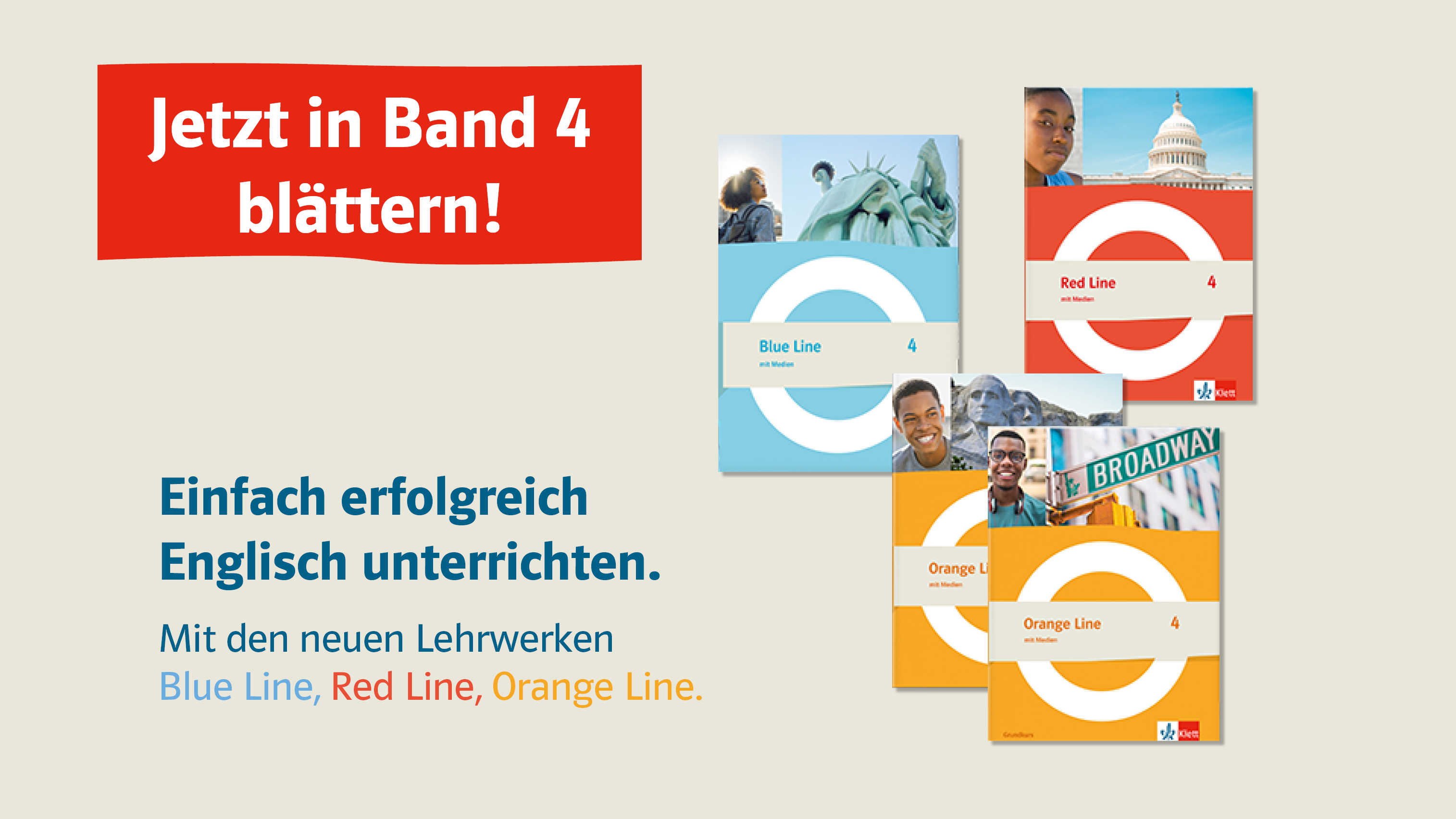 Illustration mit dem Text „Einfach erfolgreich Englisch unterrichten.“ „Jetzt in Band 4 blättern!“ und vier Buchcovern