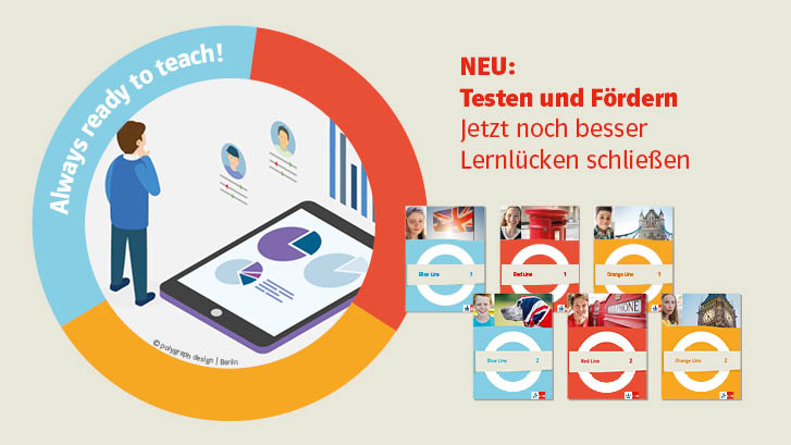 Illustration eines Tablets mit dem Text „NEU: Testen und Fördern” „Jetzt noch besser Lernlücken schließen”