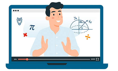 Illustration eines Mannes, der aus einem Laptop heraus, einen Sachverhalt zu mathematischen Formeln erklärt