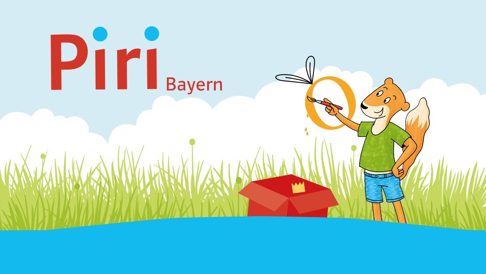 Illustration des Wiesels „Piri “, das mit einem Pinsel malt, und einer Kiste mit dem Text „Piri Bayern“