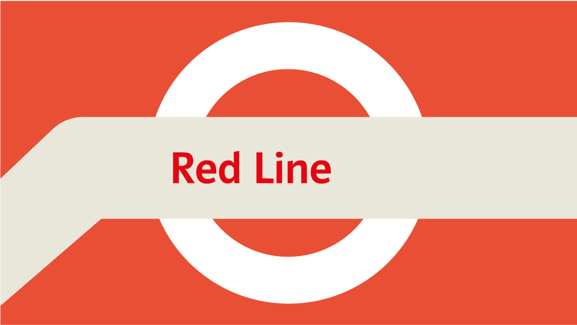 Illustration eines weißen Kreises vor rotem Hintergrund mit dem überlagerten Text „Red Line”