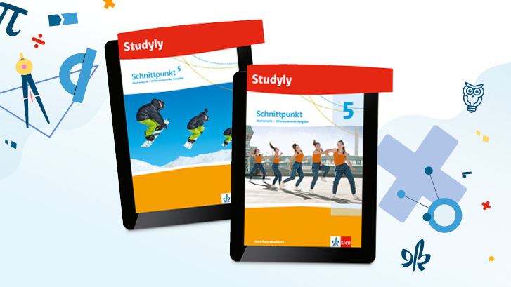 Zwei Tablets, die die Produkte „Schnittpunkt Mathematik 5“ mit Infotext „Studyly“ zeigen 