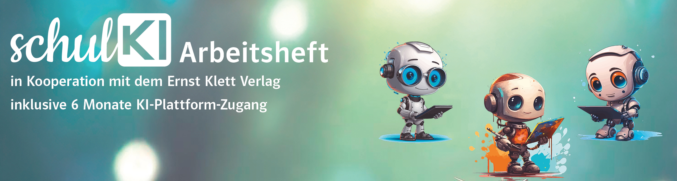 Illustration von drei Robotern, die konzentriert an Tablets arbeiten, mit dem Logo von „SchulKI Arbeitsheft“