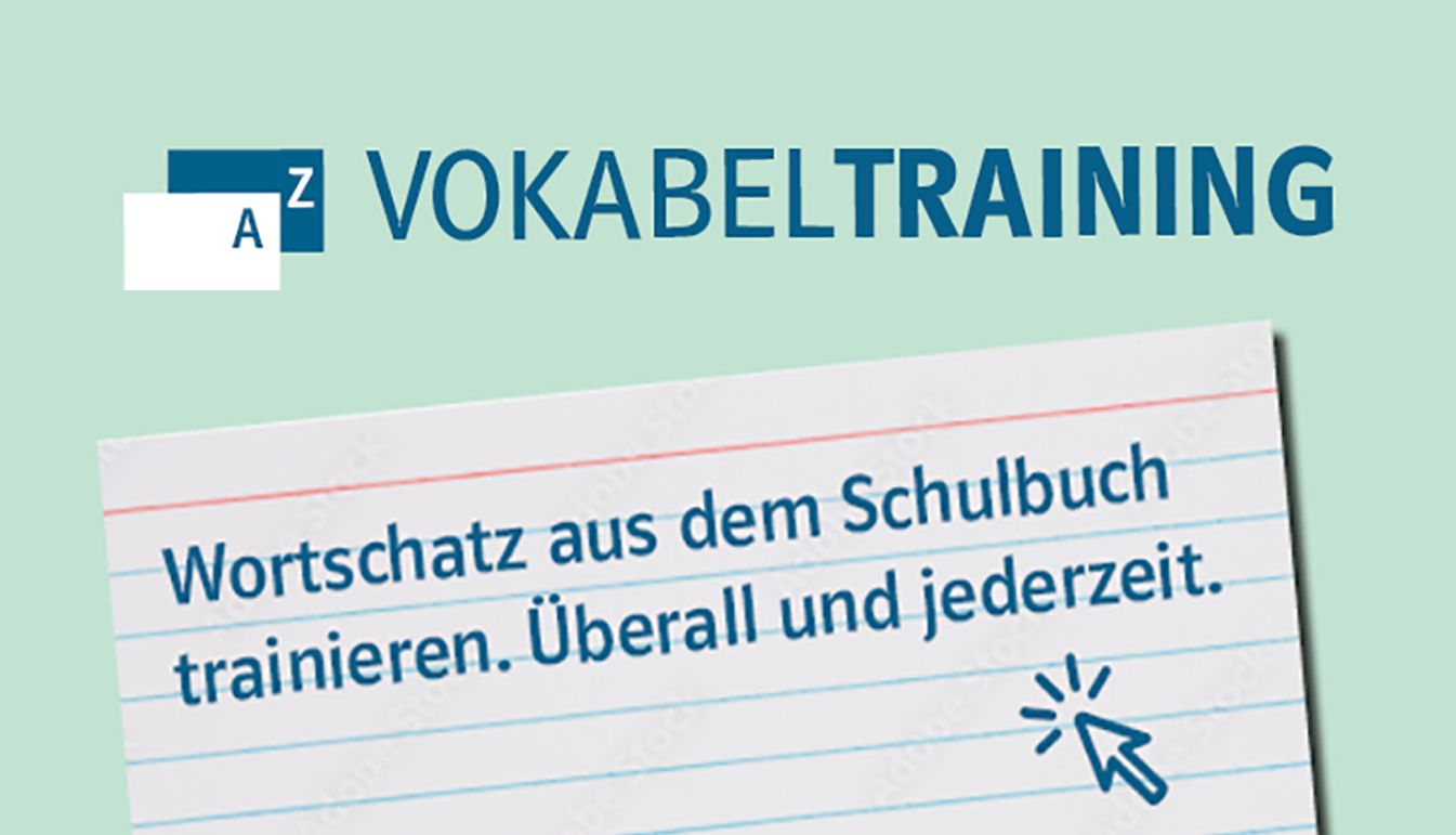 Text „AZ Vokabeltraining“ und Karteikarte mit Text „Wortschatz aus dem Schulbuch trainieren. Überall und jederzeit.“