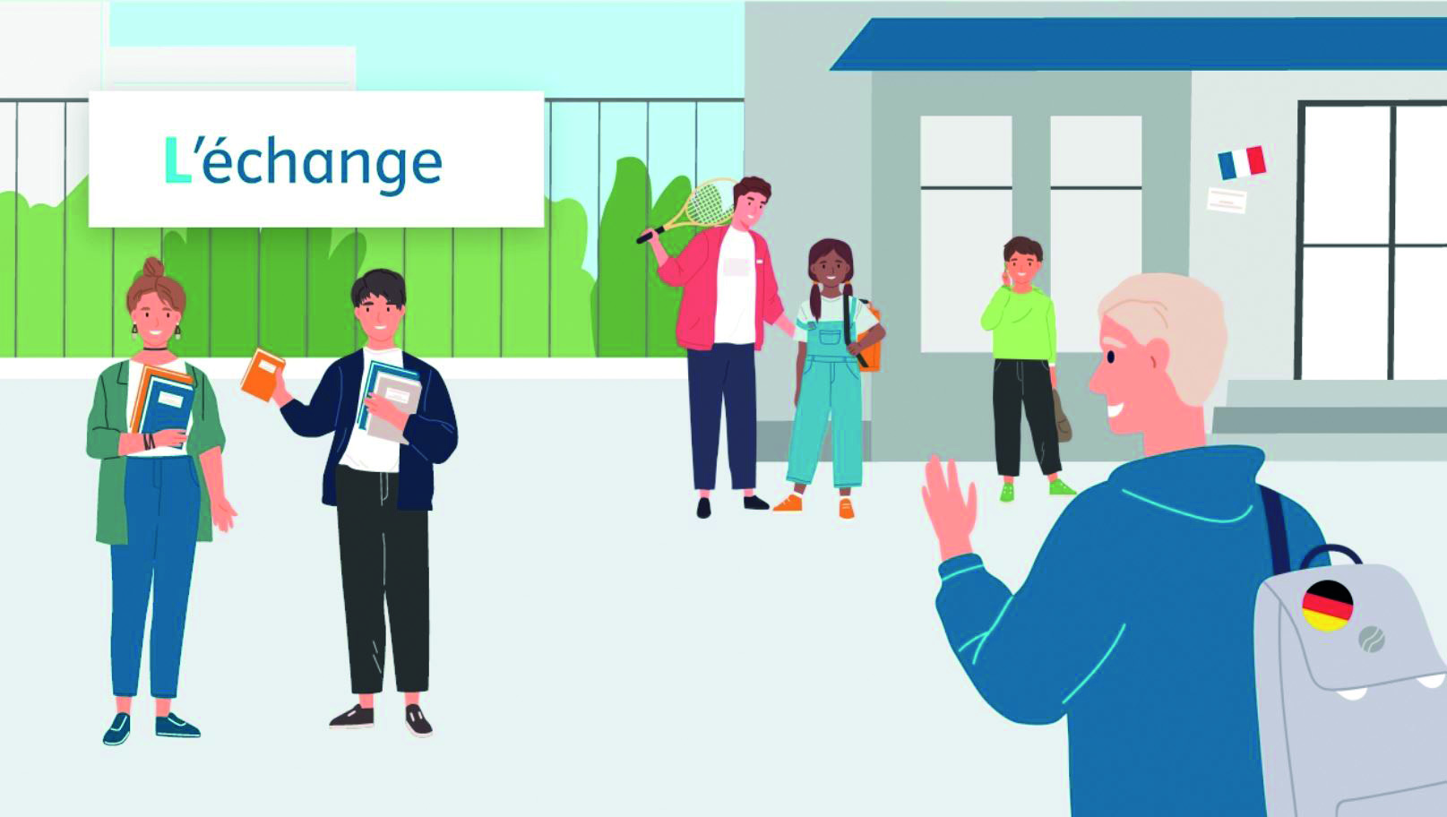 Illustration einer Gruppe von Menschen, die vor einem Schulgebäude stehen und dem Text „L'échange“