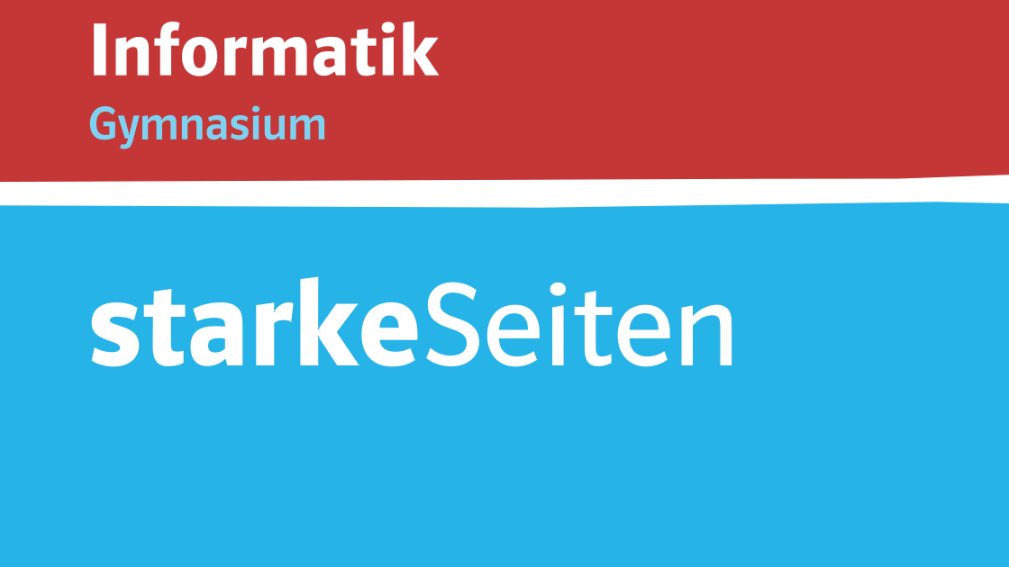 Illustration eines bunten Hintergrunds mit dem Text „Informatik Gymnasium“ und „starkeSeiten“ 