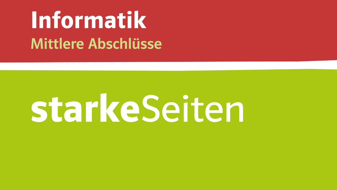 Illustration eines bunten Hintergrunds mit dem Text „Informatik Mittlere Abschlüsse“ und „starkeSeiten“