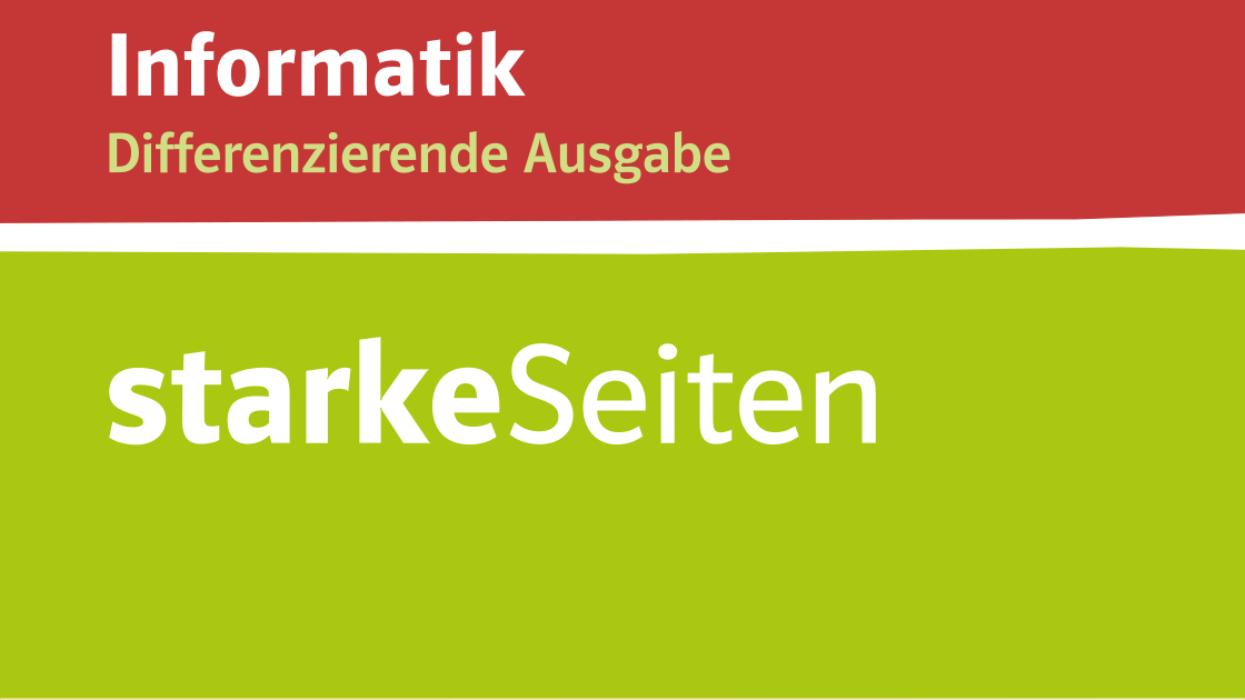 Illustration eines bunten Hintergrunds mit dem Text „Informatik Differenzierende Ausgabe“ und „starkeSeiten“