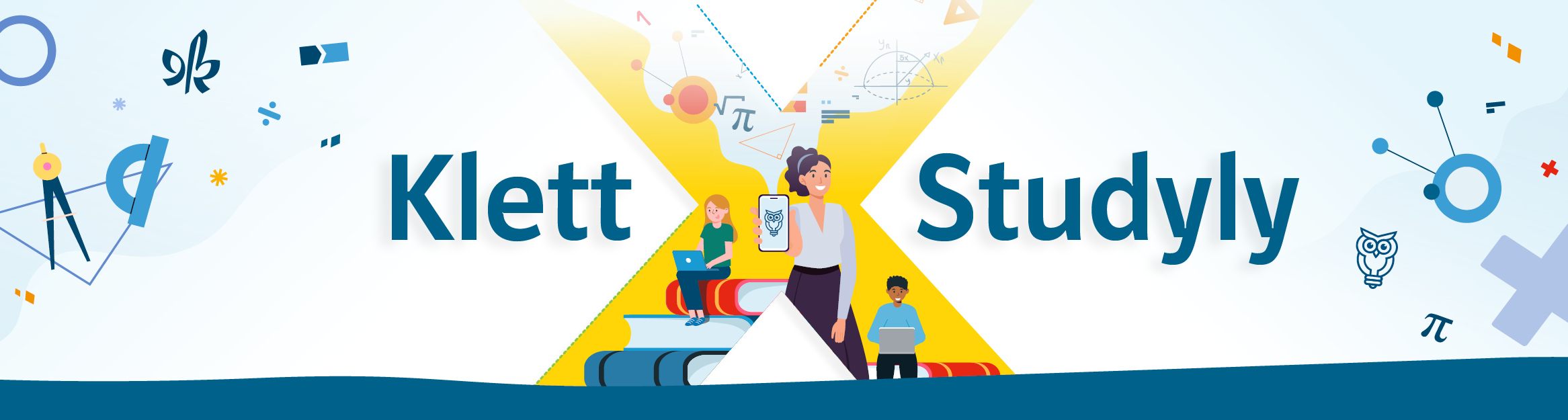 Illustration von mathematischen Symbolen und Lernenden an verschiedenen Endgeräten und dem Text „Klett×Studyly“