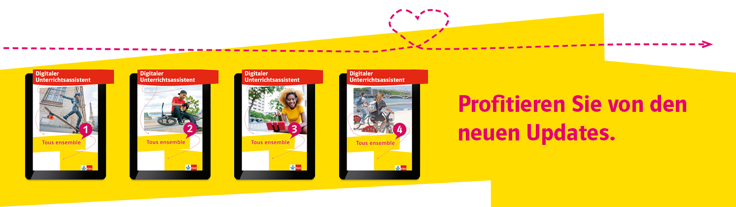 Abbildunger von 4 Digitalen Unterrichtsassistentn mit dem Hinweis. Profitieren Sie von den neuen Updates