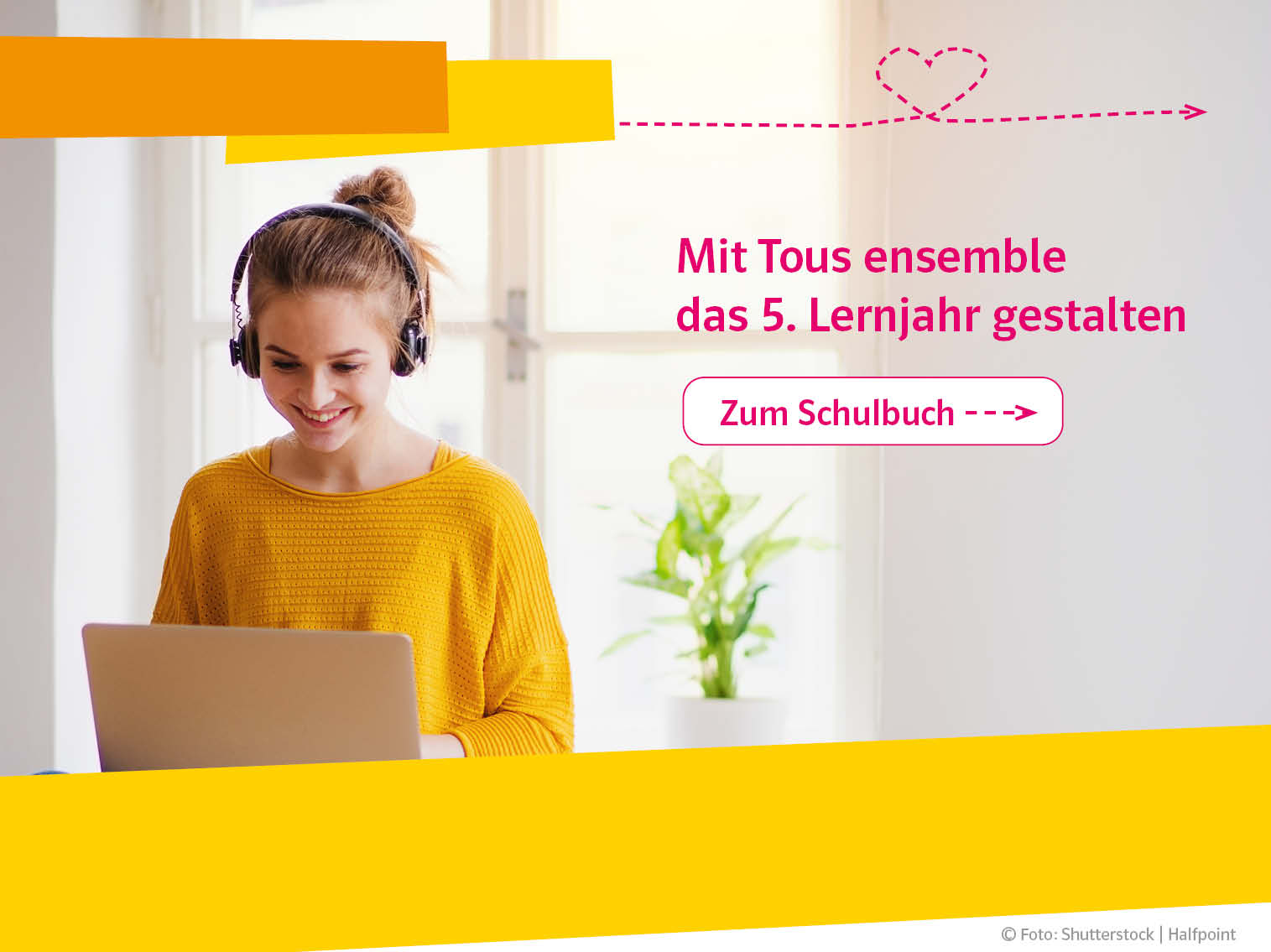 Abbildung einer Lehrerin und der Hinweistext: Mit Tous ensemble das 5. Lernjahr gestalten