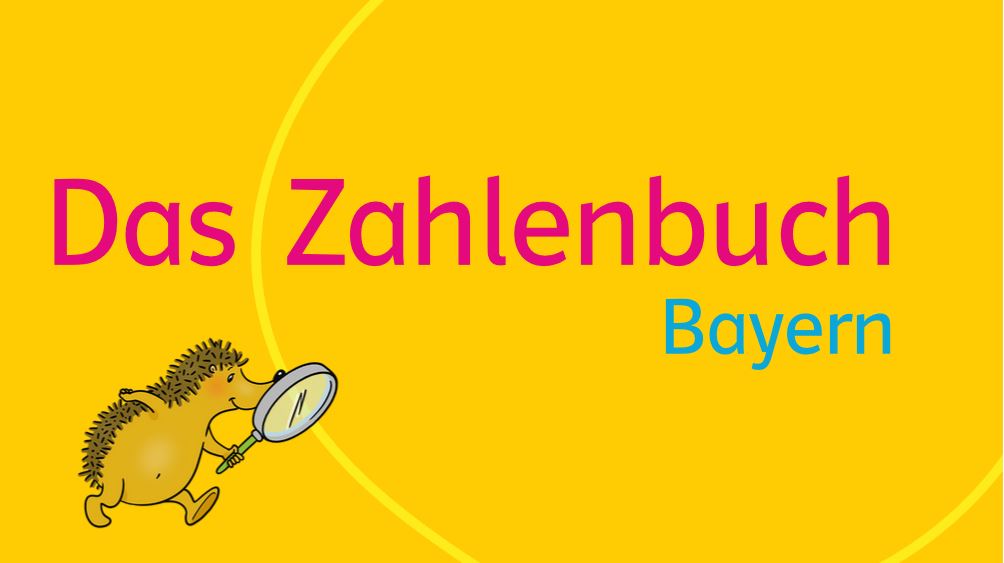 Illustration des Igels, der eine Lupe hält, mit dem Text „Das Zahlenbuch Bayern“